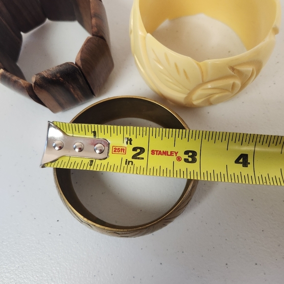 Vintage Brass Wood Bangle Bracelet Set Floral Roses Boho Bohemian Jewlery 1970s - Picture 8 of 10